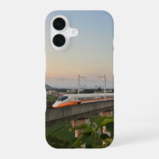 サンセット新幹線：現代の鉄道風景 iPhone 16ケース (裏面)