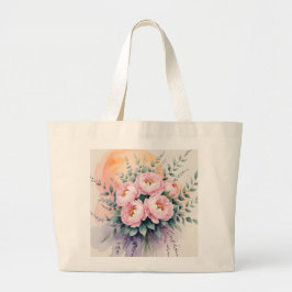 "サンセット時のブッシュピオニーの花束 | 水彩花柄 ラージトートバッグ