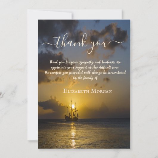 サンセット海シルボートフォトお祝いオブ・ライフ サンキューカード (正面)