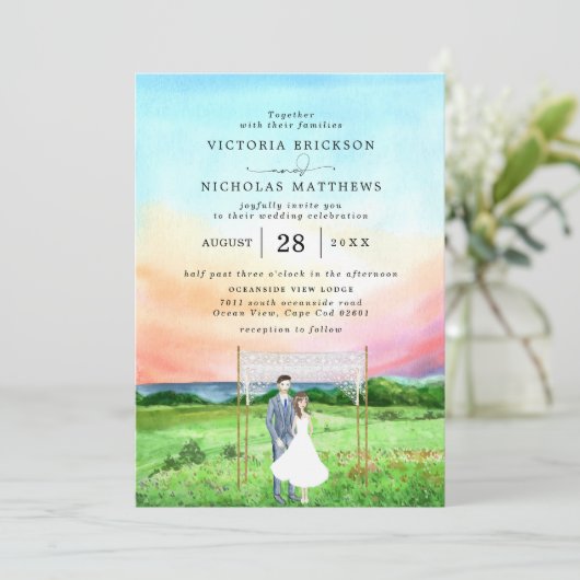 サンセット海|水エレガント色結婚の 招待状 (スタンド正面)