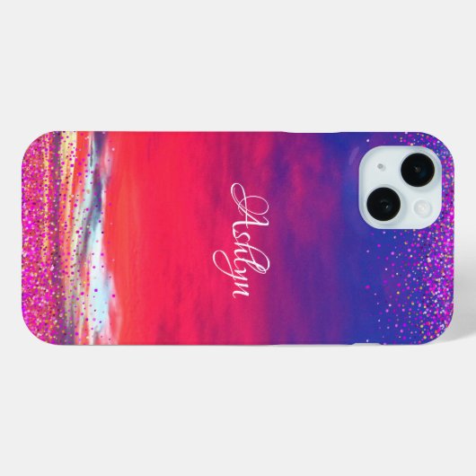 サンセット熱ピンクの青い雲紙吹雪ドット名 Case-Mate iPhoneケース (裏面 (横))