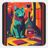 サンセット猫の本とワイン スクエアシール (正面)