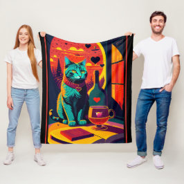 サンセット猫の本とワイン フリースブランケット