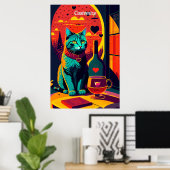 サンセット猫の本とワイン ポスター (ホームオフィス)