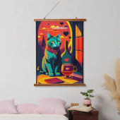 サンセット猫の本とワイン 吊り下げ型タペストリー (寝室)