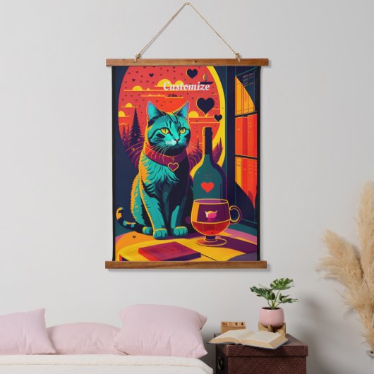 サンセット猫の本とワイン 吊り下げ型タペストリー (寝室)