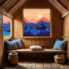 サンセット素朴魚釣りシーンウォールアートプリント アクリルウォールアート