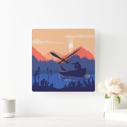 サンセット素朴魚釣りシーンスクエアウォールクロック スクエア壁時計 (ホーム)