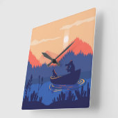 サンセット素朴魚釣りシーンスクエアウォールクロック スクエア壁時計 (傾斜)