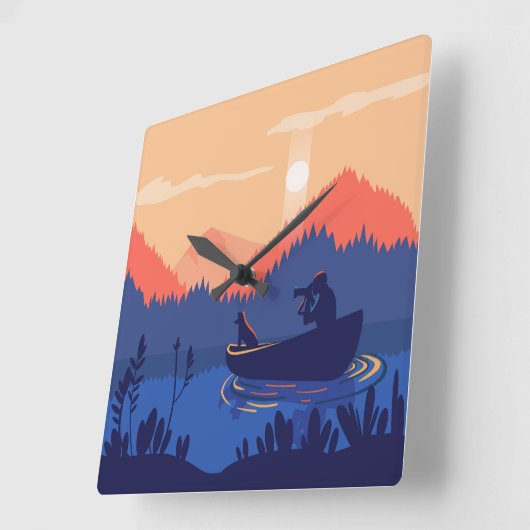 サンセット素朴魚釣りシーンスクエアウォールクロック スクエア壁時計 (傾斜)