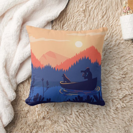 サンセット素朴魚釣りシーン装飾用クッション クッション (ブランケット)