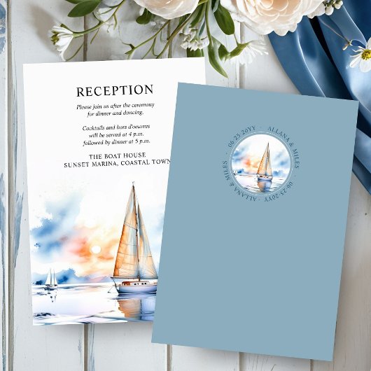 サンセット航海のセーリングボート海岸式結婚式レセプション エンクロージャーカード