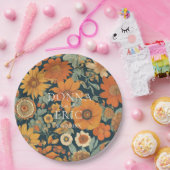 サンセット開花:ヴィンテージ70のオレンジ色のフローラ結婚の ペーパープレート (パーティー)