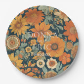 サンセット開花:ヴィンテージ70のオレンジ色のフローラ結婚の ペーパープレート (正面)