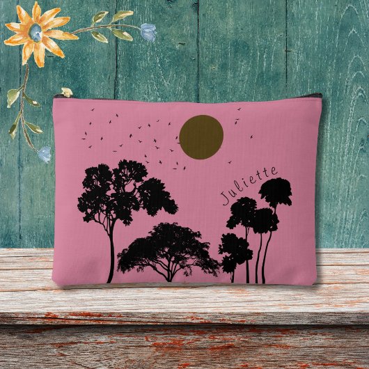 サンセット鳥の木のシルエット名前をカスタムする アクセサリーポーチ