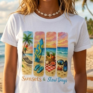 サンセット&スローデイズトロピカルビーチTシャツ Tシャツ