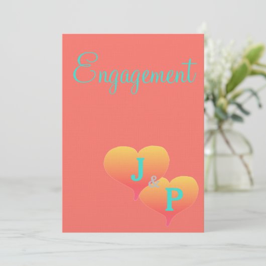 サンセット ハーツ コーラル ターコイズ モノグラム 婚約 招待状 (スタンド正面)