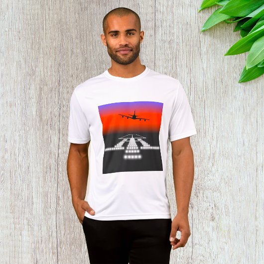 サンセット+飛行機+進入+滑走路+照明+航空 Tシャツ