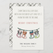 サンタおもしろいがストッキングにクリスマス現金をプレゼント シーズンカード (正面/裏面)