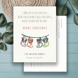 サンタおもしろいがストッキングにクリスマス現金をプレゼント シーズンポストカード