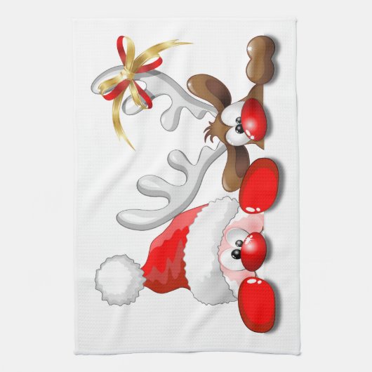 サンタおもしろいとトナカイの漫画のキッチンタオル キッチンタオル (縦)