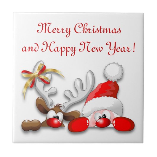 サンタおもしろいとトナカイの漫画タイル タイル (正面)