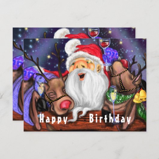 サンタおもしろいとトナカイの誕生日パーティー – 応援 ポストカード (正面/裏面)