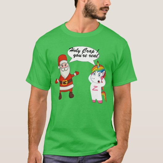 サンタおもしろいとユニコーンのサプライズがクリスマスを迎える Tシャツ (正面)