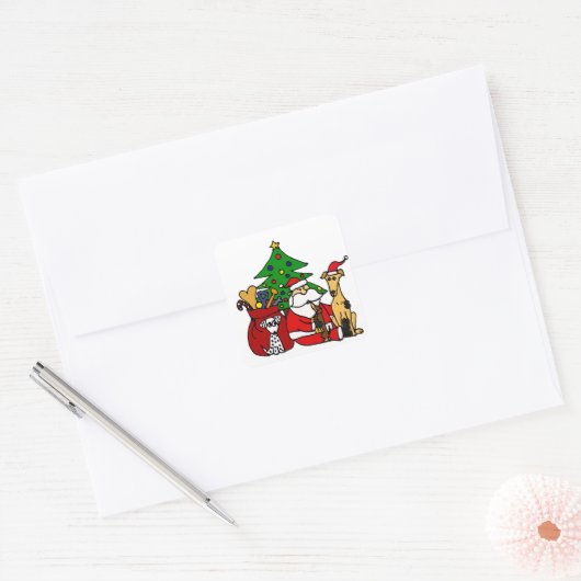 サンタおもしろいと子犬のクリスマスアート スクエアシール (封筒)