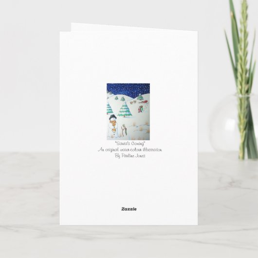 サンタおもしろいと雪だるまの雪景色クリスマス シーズンカード (裏面)