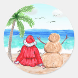 サンタおもしろいと雪だるまオンビーチクリスマス ラウンドシール