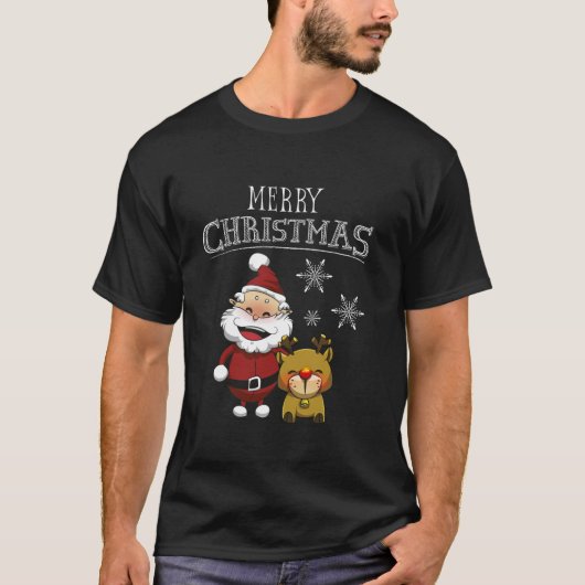 サンタおもしろいと鹿かわいいメリークリスマス顔オールド Tシャツ (正面)