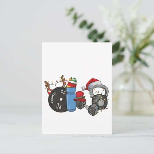 サンタおもしろいウエイトリフティングダンベルズジムクリスマス インビテーションポストカード (スタンド正面)
