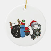 サンタおもしろいウエイトリフティングダンベルズジムクリスマス セラミックオーナメント (正面)