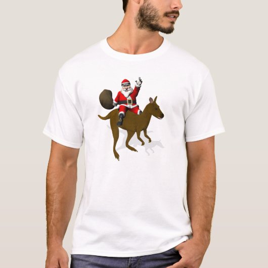サンタおもしろいクロースがカンガルーに乗る Tシャツ (正面)
