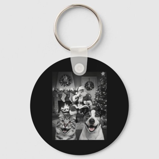 サンタおもしろいクロースCuとのクリスマスキャットドッグセルフィー キーホルダー (正面)