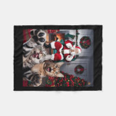 サンタおもしろいクロースCuとのクリスマスキャットドッグセルフィー フリースブランケット (正面(横))