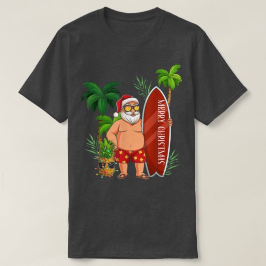 サンタおもしろいサーフィンメリークリスマス7月サンタ Tシャツ (デザイン正面)