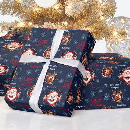 サンタおもしろいトナカイの名前ネイビーブルークリスマス ラッピングペーパー