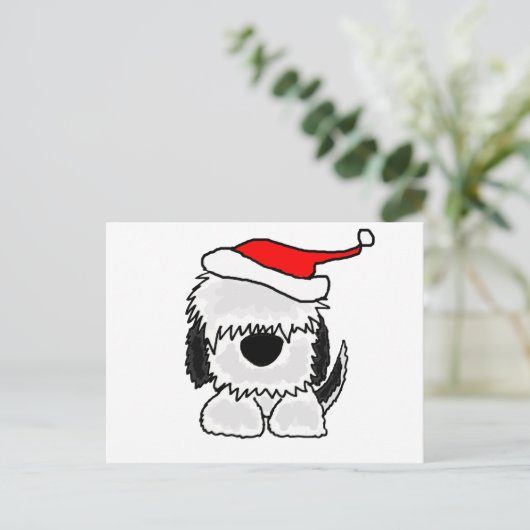サンタおもしろいハットに住む古いイギリスの牧羊犬 シーズンポストカード (スタンド正面)