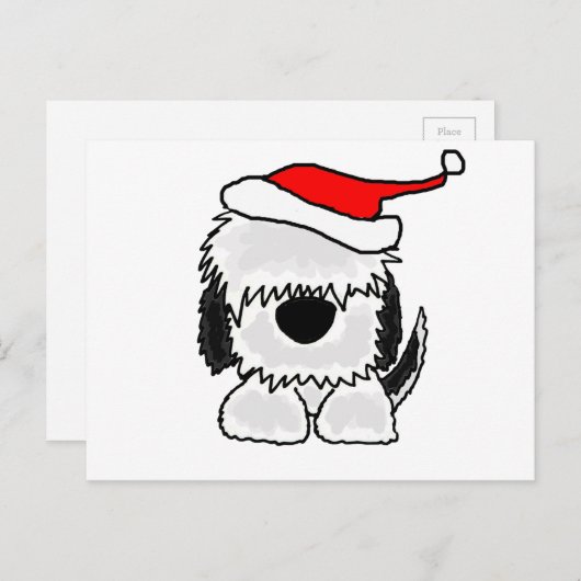 サンタおもしろいハットに住む古いイギリスの牧羊犬 シーズンポストカード (正面/裏面)