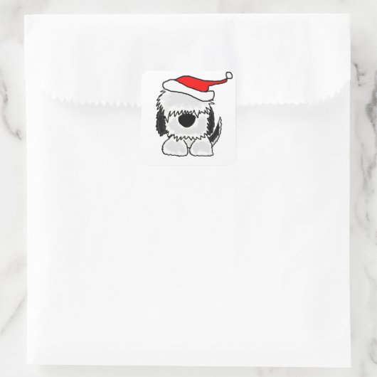 サンタおもしろいハットに住む古いイギリスの牧羊犬 スクエアシール (バッグ)