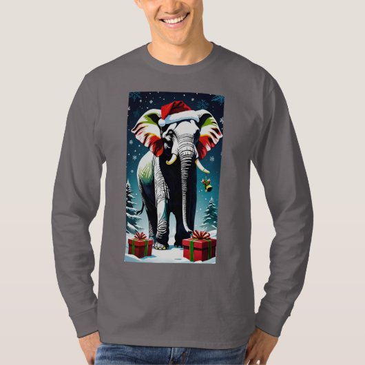 サンタおもしろいハットのクリスマスゾウ Tシャツ (正面)