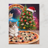 サンタおもしろいハットのクリスマスツリーのピザ猫 ポストカード (正面)