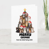 サンタおもしろいハットの猫フェスティバルツリーのクリスマス カード (正面)