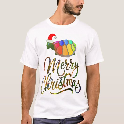 サンタおもしろいハットを着たレインボーカメクリスマス Tシャツ (正面)