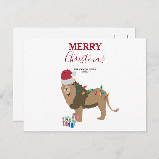 サンタおもしろいハットカード付きクリスマスリオン動物 シーズンポストカード (正面/裏面)