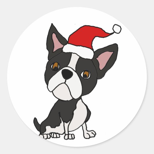 サンタおもしろいハットクリスマスにボストンテリア犬 ラウンドシール (正面)