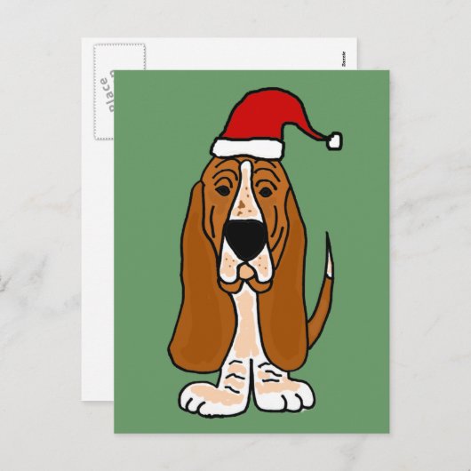 サンタおもしろいハットクリスマスアートのバセットハウンド シーズンポストカード (正面/裏面)