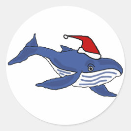 サンタおもしろいハットクリスマスアートのブルーホエールインサンタ ラウンドシール